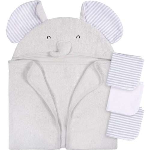 Gerber Baby 4 Piece Animal Character Hooded Towel and Washcloth Set, Grey Elephant, One Size