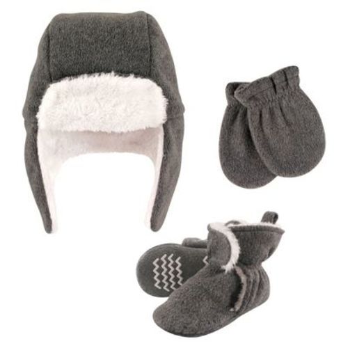Hudson Baby Trapper Hat, Mitten and Bootie Set, Heather Charcoal, 0-6 Months