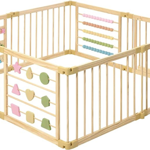 ZETY Natural Wood Baby Playpen – 8 or 10 Panel Foldable Play Yard with Door Panel and Built-in Toys, CPC Certified & SGS Tested