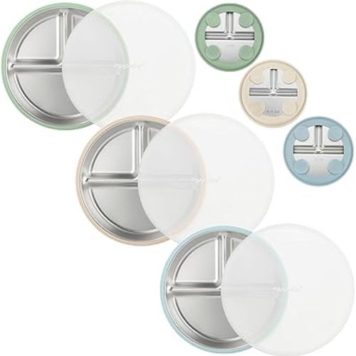 PandaEar 3 Pack Stainless Steel Baby Suction Plates with Lids, Divided Toddler Plates for Baby Led Weaning, Non-Slip Baby Feeding Set, Dishwasher Safe (Blue/Green/Brown)