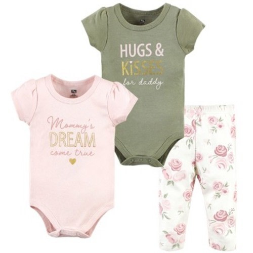Hudson Baby Infant Girls Cotton Bodysuit and Pant Set, Mom Dad Floral, 3-6 Months