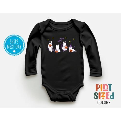 Ghost Kitty Cat Baby Onesie® - Cute Fall Ghost Bodysuit - Retro Halloween Baby Onesie® - Black