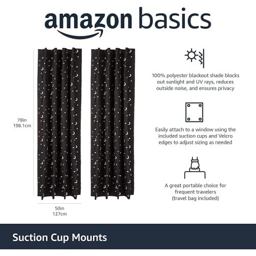 Amazon Basics Portable Blackout Curtain Shade with Suction Cups for Window, Noise Reducing, Energy Saving, 50"W x 78"L, Moon and Stars, 2-Pack