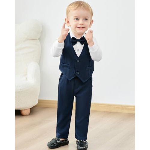 YUEMION Baby Boy Clothes Wedding Outfit Suits, 0-18 Months Infant Boy Gentleman Set, Dress Shirt+Vest+Suspender Pants+Bowtie