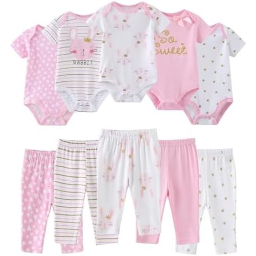 Ruliby Baby Bodysuit and Pant Set 10-pcs Cotton Soft Newborn Clothes Outfit