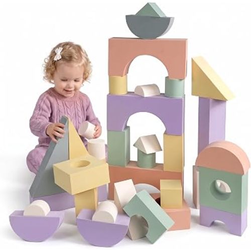 Large Building Foam Blocks for Toddlers, EVA Stacking Foam Building Blocks Toy Set, Non-Toxic, Washable, Early Learning Construction Toys & Gifts for Kids Boys & Girls (Pink, Pieces, 30)