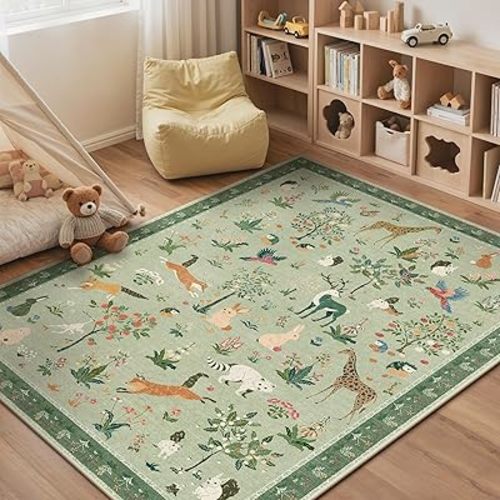 Rugs for Living Room 5x7 Floral Animal Print Area Rug Machine Washable Rug, Non Slip Low Pile Carpet for Bedroom, Entryway, Light Green