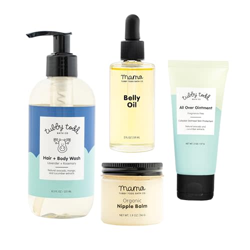 TUBBY TODD New Baby & Mom Sensitive Skincare Kit - The Mama + Baby Gift Set - Baby Shampoo and Body Wash 8.5 Oz, All Over Ointment 2 Oz, Belly Oil 2 Fl Oz & Nipple Balm 1.9 Oz - Lavender Rosemary