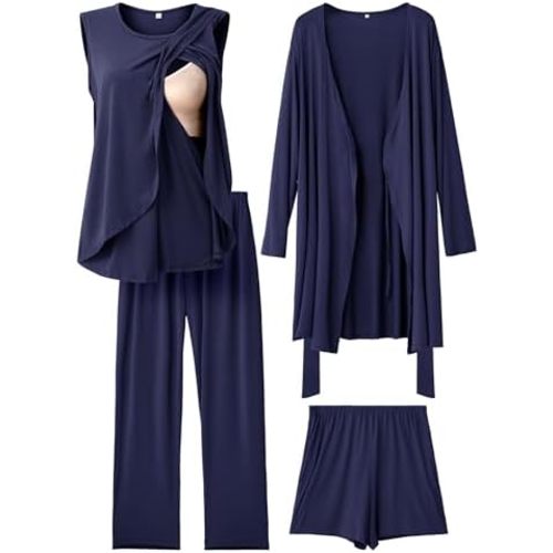 Rnxrbb 4 PCS All-Season Nursing Pajamas Robe Set Maternity Postpartum Pjs