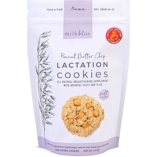 MilkBliss Peanut Butter Chip Soft Baked Lactation Cookies for Breastfeeding, All Natural and GMO Free Lactation Boosting Ingredients! Oats, Flaxseed, Brewers Yeast. 12 Count.