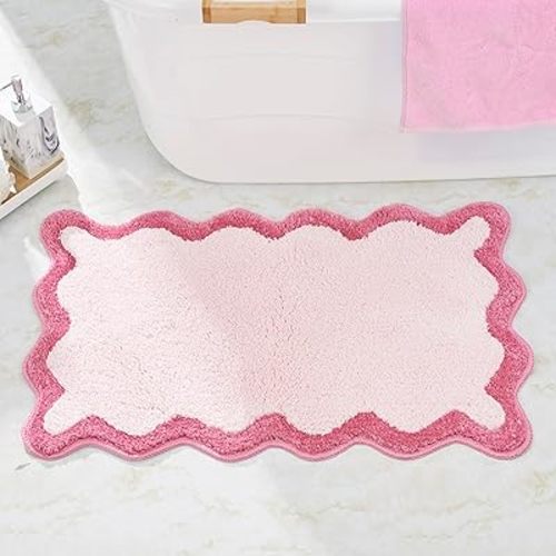 Luxury Cute Bathroom Rugs, White Bath Mat W/Hot Pink Scalloped Edge, Microfiber Aesthetic Trendy Funky Fun Preppy Rug, Extra Soft Bathroom Mat Non-Slip for Shower, and Bath Room 30'' x 20''