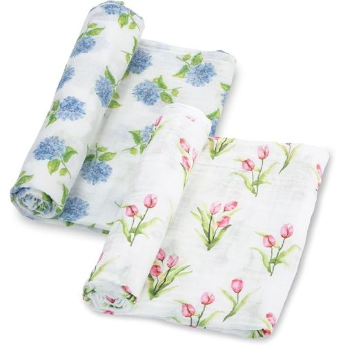 LollyBanks Muslin Swaddle Blankets 2PACK, 100% Cotton Baby Blanket 47 x 47 Inches, Large Baby Swaddle Breathable, Muslin Blankets for Girls (Hydrangea and Tulip Print)
