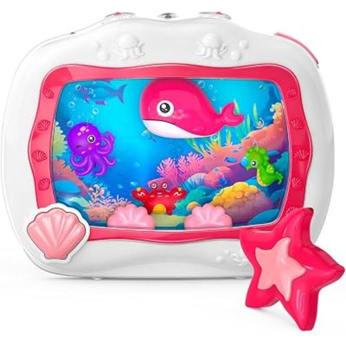 Baby Aquarium Toy Sleep Soother, Tummy Time Toys & Crib Toy, Sea Animal Sensory Musical Crib Soother for Newborn 6 Months, Dream Baby Soother with Light & Soothing Sound for Crib Car Seat Travel, Pink