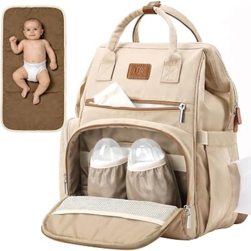 Diaper Bag Backpack, Lightweight Baby Bag with Insulated Bottle Pockets, Changing Pad, Stroller Straps and Luggage Sleeve, Unisex for Mom and Dad, 25L Brown