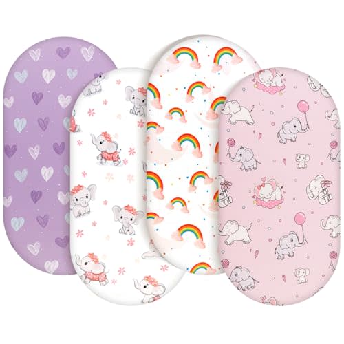 4 Pack Baby Girl Bassinet Sheets Set Soft Fitted Floral or Elephant Theme Baby Girl Mattress Covers Breathable Toddler Bed Sheets for Infant or Newborn Girls (Elephant, Bassinet Sheets)