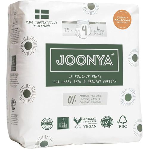 Joonya Pull-Up Pants Baby Diapers, Size 4 L (15-26 lb) - 1 Bag of 25 - NonToxic, Eco-Friendly, Ultra Slim, Overnight Use - Made in Denmark