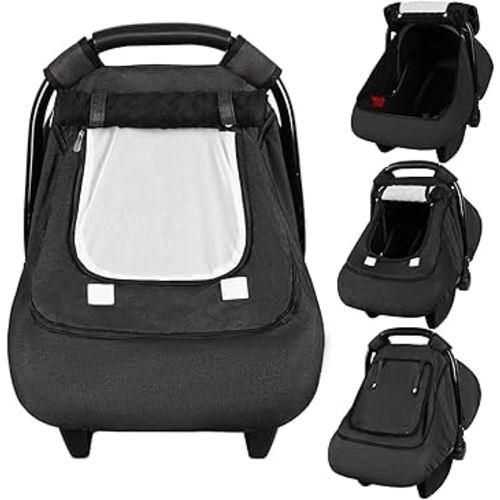 Winter Baby Car Seat Cover Waterproof, Windproof Car Seat Covers for Newborns with Double-Layer Window, Infant Car Seat Canopy for Girls with Minky Dot Backing, Keeps Babies Warm and Cozy, Black