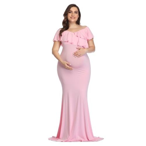 YnimioAOX Maternity Photoshoot Dress Ruffle Sleeve Maxi Gown | Pregnancy Photography Outfit, Empire Waist Off Shoulder, Floor Length Train, Soft Slim Fit, Elegant Romantic Baby Shower