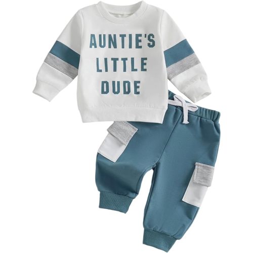 Aunties Little Dude Baby Outfit Toddler Boy Long Sleeve Letter Sweatshirt Top and Pants Set Infant Fall Winter Clothes