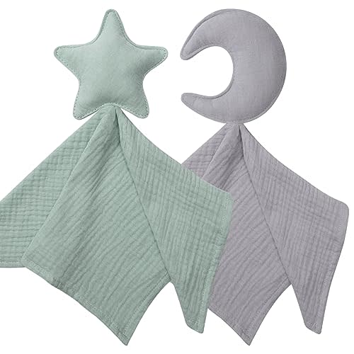 Premium Soft Muslin Cotton Star & Moon Loveys Soft Breathable Newborn Security Blanket, Perfect Present for Baby Boy Girl, Neutral Fabric for Comfortable Sleep & Play, Ideal for Newborns, Toddlers