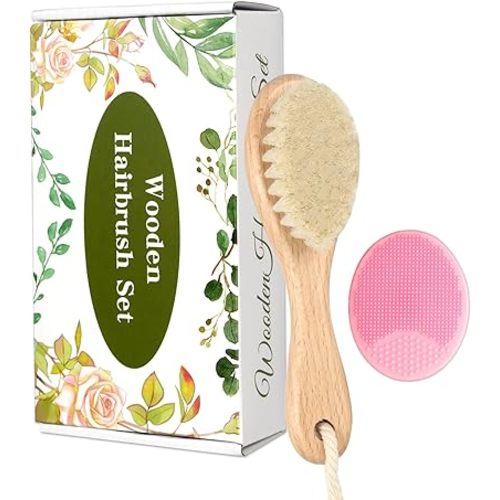 Wooden Soft Goat Bristles Brush with Baby Silicone Hair Scrubber Cradle Cap Brush for Newborn, Toddler, Infant, Baby Hair Care Kit (Pink)
