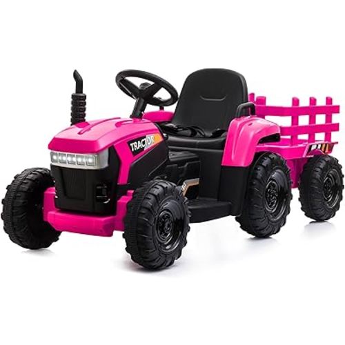 TOBBI Kids Electric Ride On Toy Tractor, Toddlers 12V Battery-Powered Car to Drive, 35W Dual Motor 6-Wheels Trailer Vehicle with 3-Speeds/LED & Horn Functions for Chirdren Aged 3-6-Pink