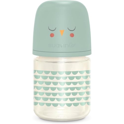 Suavinex Bonhomia Glass Baby Bottle with SX PRO Silicone Nipple, Anti Colic Baby Bottles, Baby Bottles for Breastfed Babies, Slow Flow, 0mo, 4oz, Mint