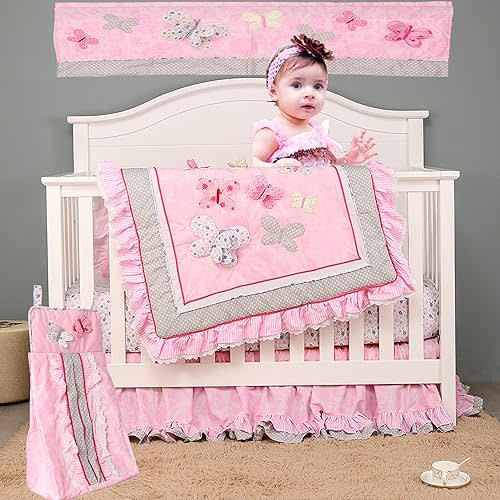 5 PCs Cotton Pink Embroidery Butterfly Nursery Crib Bedding Set Heavy Duty Cotton Butterfly Themed Baby Girl Cot Bedding Set Quilt /Fitted Sheet x 2/ Diaper Storage Bag /Window Valance , 28 X 52