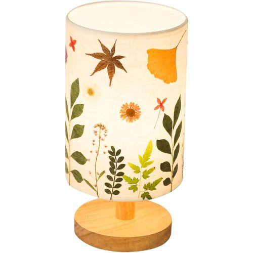 Pressed Flowers Table Lamp 5W LED 3Color Temperatures Dried Flower Bedside Lamp Linen Shade with Wood Base for Bedroom Living Room Desk Office