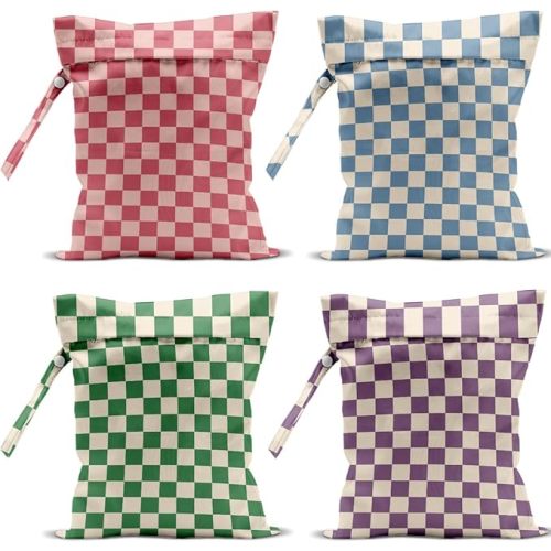 4 Pack Cute Wet Bag Waterproof Washable Reusable Wet Dry Bag for Swimsuit Dirty Clothes Diaper Travel Pool Yoga Gym Birthday Party Camping Toiletries Travel Beach Essentials, Colorful Checkered