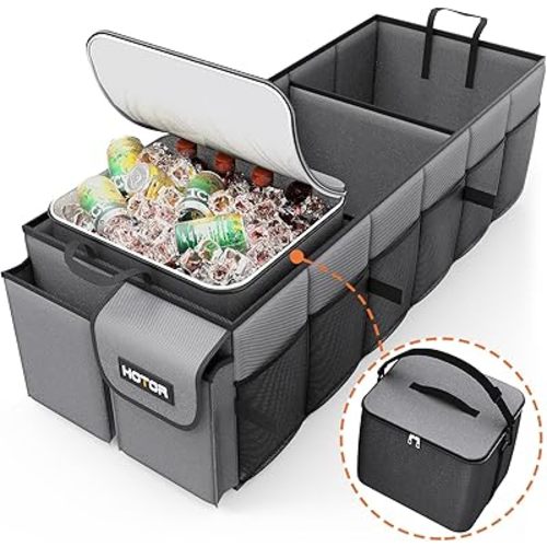 HOTOR Trunk Organizer, Sturdy Foldable with Cooler for Car & SUV, 3 Compartments, Grey, 30.90”×12.60”×10.63”