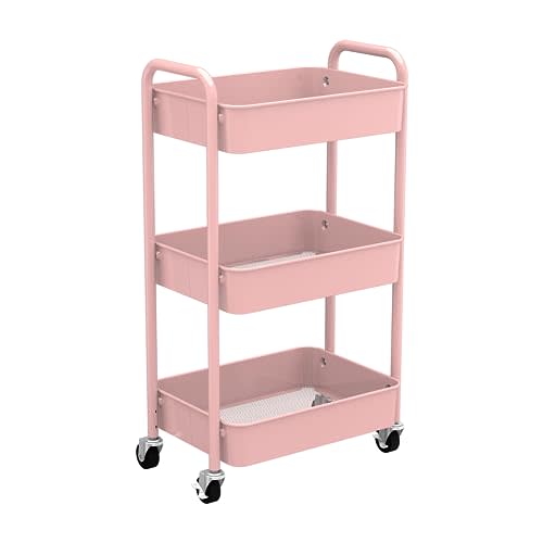CAXXA 3-Tier Rolling Metal Storage Organizer - Mobile Utility Cart with Caster Wheels, Pink