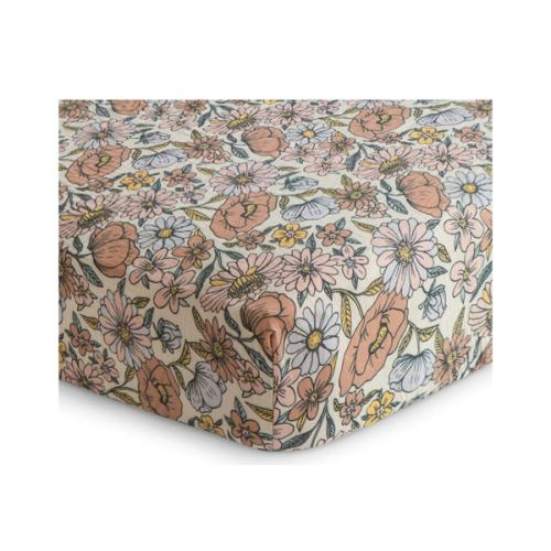 mushie Extra Soft Muslin Fitted Crib Sheet | 192 Thread Count | 28"x 52" (Retro Flowers)