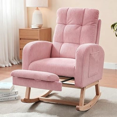 NIOIIKIT Nursery Rocking Chair, Corduroy Upholstered Rocking Chair with Adjustable Footrest, Tufted Rocker Chair with Side Pocket, Glider Rocker for Living Room, Bedroom (Pink Retro)