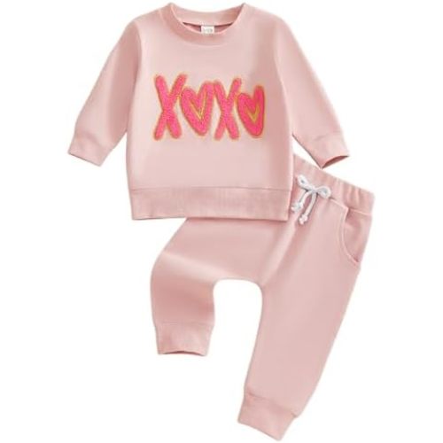 Toddler Girl Valentines Day Outfit Waffle Heart Sweatshirt Pants Set Baby Girls Spring Pullover Top Jogger Clothes.  6-12 Month Size
