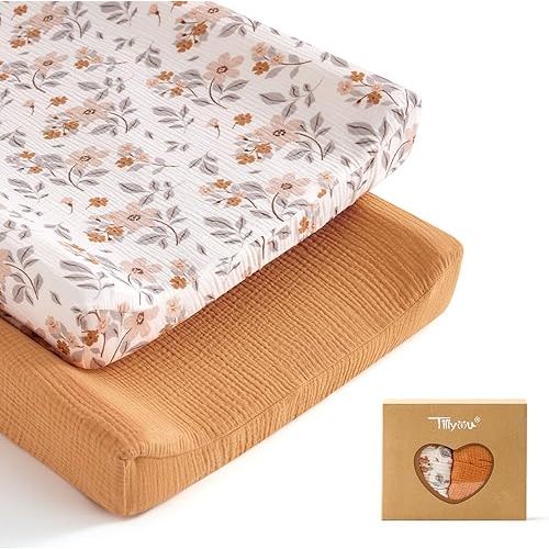 TILLYOU Muslin Changing Pad Cover for Baby Girls Boys, Soft and Breathable Cotton Diaper Changing Table Cover, 2 Pack(Yellow Flower)
