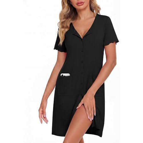 ZOOSIXX Nightgowns for Women - Short Sleeve Sleepwear Button Up Pajamas for Women V-Neck Sleepwear Dress with Pockets