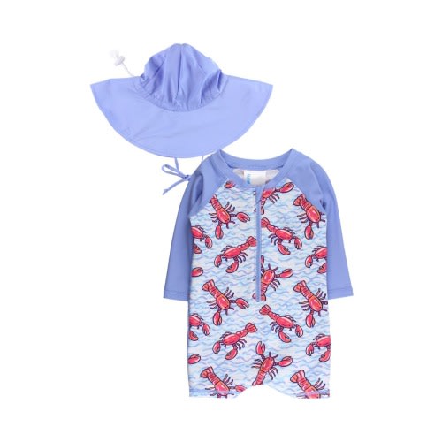 Kids' Lobster Lagoon One-Piece Rashguard Swimsuit & Sun Hat Set