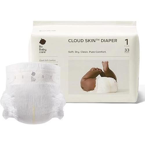 Bc Babycare Cloud Skin Baby Diapers, Size 1 (8-14 lbs), 33 Count – Ultra Soft & Dry, Leak-Proof Overnight Comfort, Hypoallergenic, Totally Chlorine-Free