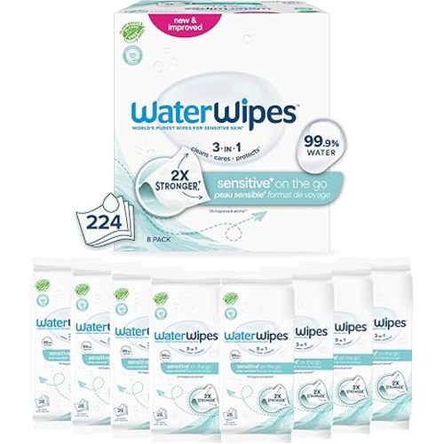 WaterWipes Sensitive+ On The Go Wipes, 3-In-1 Cleans, Cares, Protects, 99.9% Water, Unscented & Hypoallergenic Wet Wipes, 224 Count (8 Packs)