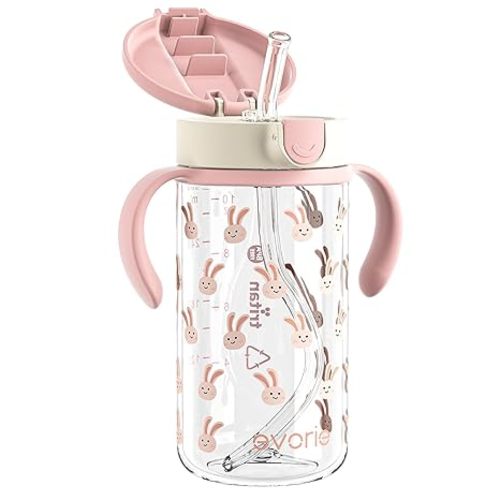 Evorie Tritan Spill Proof Toddler Straw Sippy Cup, 10 oz for Baby and Toddlers 1-3 Years Old, No Spill Straw Water Bottle with Removable Handles, Ideal for School, BPA-Free, Pink Rabbit