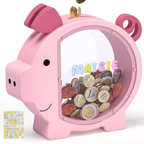 Piggy Bank for Kids Girls, Pink Kids Piggy Bank with Creative DIY Stickers | Large Wooden Clear Coin Bank, Birthday & Toddlers Gifts, Personalized Money Box Toys for Child Cute Room Christmas Decor
