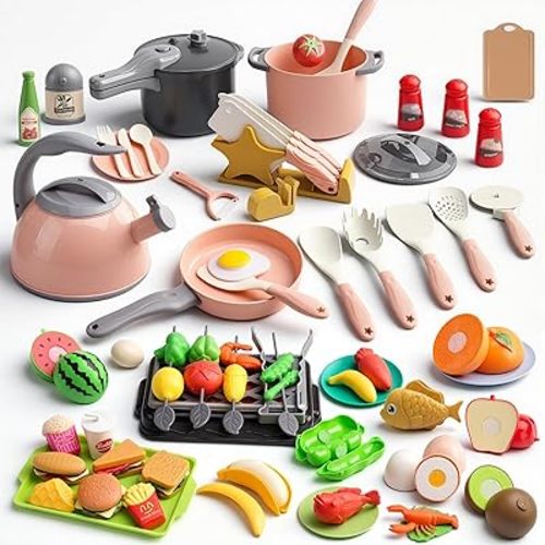 105Pcs Kids Kitchen Toy Accessories, Toddler Pretend BBQ Camping Cooking Playset, Play Pots, Pans, Utensils Cookware Toys, Play Food Set, Vegetables, Learning Gift for Girls Boys