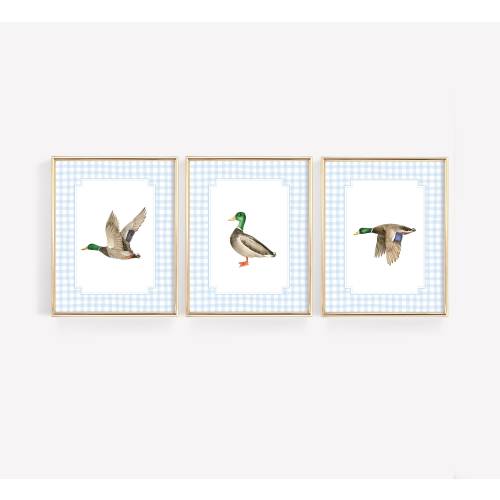 Set of 3 Duck Nursery Wall Art, Mallard Duck Wall Decor, Baby Boy Room Decor, Duck Hunting Wall Print, Gingham Blue Print, Vintage Nursery