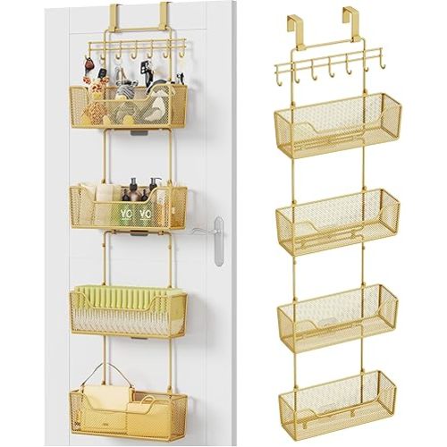 HapiRm Over The Door Organizer - Hanging Door Organizer with 4 Metal Large Capacity Baskets and Adjustable Coat Hook for Bathroom Bedroom Kitchen Pantry Closet Cabinet