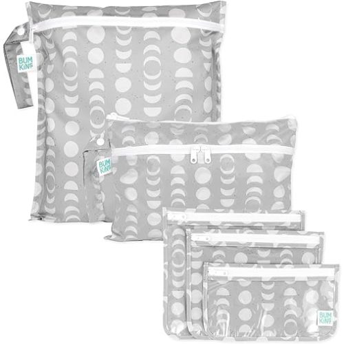 Bumkins - Waterproof Wet Bag, Wet/Dry Clutch & Clear Travel Bags - For Beach, Baby, Travel, Cloth Diapers, Pump Parts, Pool, Gym, Toiletries - Reusable & Easy to Clean - Lunar Gray - 5 Pack