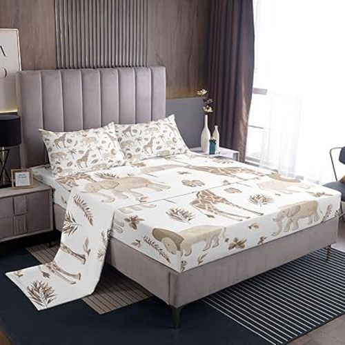 Feelyou Safari Animal Bedding Sets Kids Boys Girls Elephant Lion Giraffe Bed Sheets Full Size Jungle Animals Fitted Sheet Set Hunter Brown Rust Wildlife Room Decor