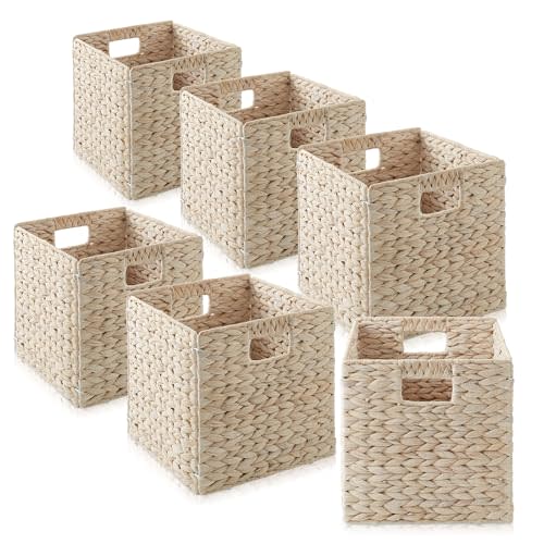Casafield 10.5" x 10.5" Hyacinth Storage Baskets, Whitewash - Set of 6 Storage Organizers, Woven Wicker Cubes for Bathroom, Bedroom, Laundry, Shelves