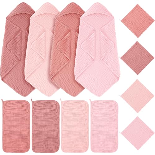 Breling 12 Pcs Muslin Hooded Baby Bath Towel, Hand Towels and Washcloth Set, 36"x 36" Cotton Newborn Bath Towel Cotton Absorbent Blanket Unisex Newborn Gift Essentials for Girl Boy (Pink Series)