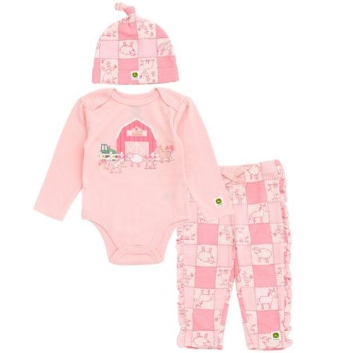 John Deere Farm Baby Girls Bodysuit, Pants and Hat 3 Piece Outfit Set Newborn to Infant